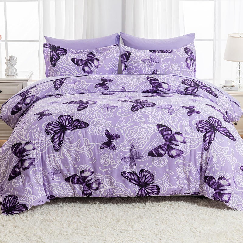 ARTALL Bed in A Bag Twin Size 5 Pieces, Purple Paisley Butterfly Bedding Comforter Set All Season Bed Set with 1 Comforter, 1 Pillow Sham, 1 Flat Sheet, 1 Fitted Sheet, 1 Pillowcase - Image 2